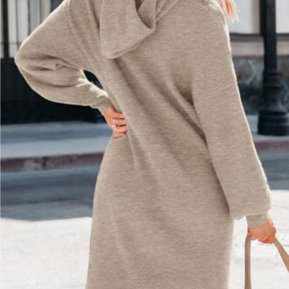 Cozy Beige Knit Hooded Sweater Dress